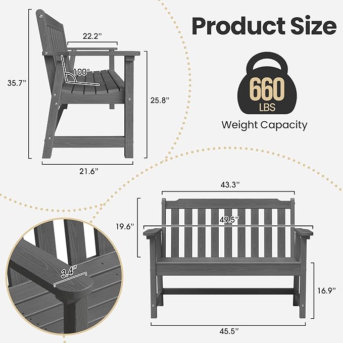 Ciokea 49" Heavy Duty Outdoor Bench, HDPE Weatherproof Porch Benches, Durable 2-Person Garden Benches with 660 Lbs, Waterproof Patio Bench for Outside Balcony Deck Backyard, Dark Grey
