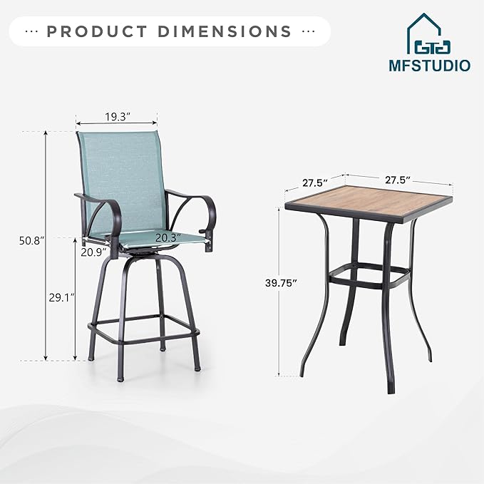 MFSTUDIO 5 Piece Outdoor Swivel Bar Set, Outdoor Bar Table and Chairs Set, Patio High Top Table and Chairs, Patio Dining Set Bar Height Table with 4 Chairs, Turquoise Blue