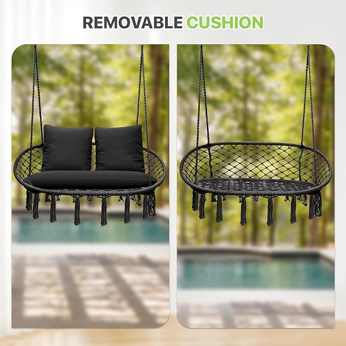 Magshion Double Hammock Swing Chair with 3 Cushions, 700 lbs Capacity, Macrame Hanging Bench for Indoor & Outdoor Use, Cotton Woven Mesh Porch Hanging Rope Swing, Black