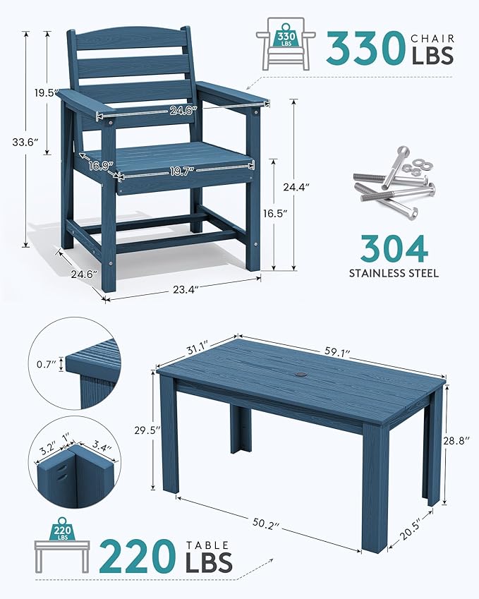 SERWALL Patio Dining Sets for 8, Outdoor Dining Sets for 8 Person with 2 Umbrella Hole Cut-Out Rectangular Tables and 8 Chairs, HDPE Dining Sets for Garden, Backyard, Poolside, Blue