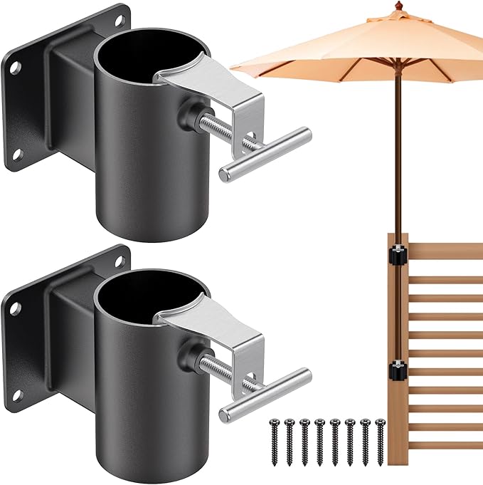 Heavy Duty Deck Railing Umbrella Holder, Patio Umbrella Stand for 1-2 Inch Poles, Space-Saving Design, Secure & Sturdy Post Flat Mount for Deck Railing, Balcony, Outdoor Courtyard, Fences