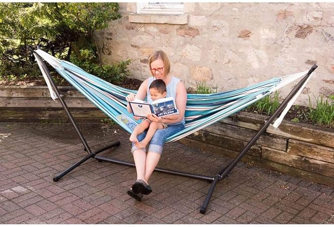 Vivere Double Sunbrella Hammock with Space-Saving Steel Stand, Heavy-Duty Portable Outdoor Hammock Set for Backyard, Patio, or Travel, Token Surfside