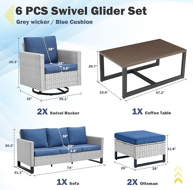 Belord 6 Piece Outdoor Furniture Patio Wicker Sofa Set, Oversize Outdoor Swivel Rocker Chairs with Rattan Ottomans, Conversation Sets Patio Furniture Come with Removable Washable