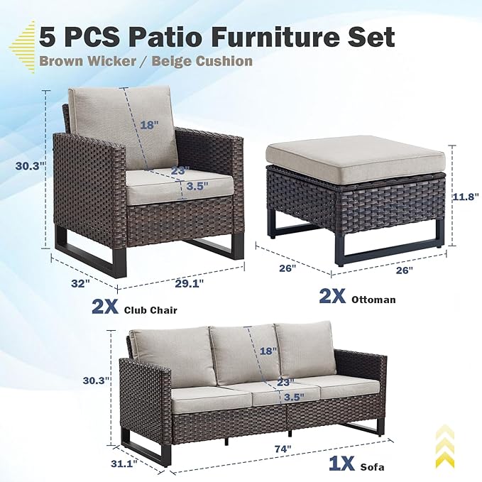 Belord Wicker Patio Furniture 5 Piece Outdoor Sofa Set, Oversize Outdoor Dining Chairs with Rattan Ottomans, Conversation Sets Patio Furniture Come with Removable Cushion Beige, Anti-Rust Frame