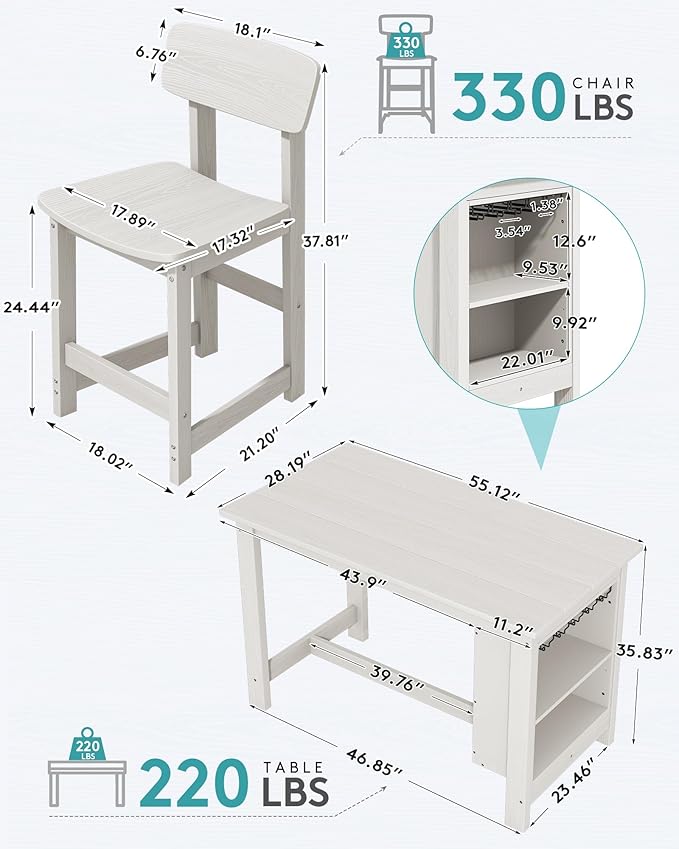SERWALL Outdoor Bar Table and Chairs Set, 5-Piece HDPE Counter Height Patio Dining Sets with Storage and Wine Rack, Rectangular High Top Bar Table with 4 Bar Stools for Garden, Backyard, White