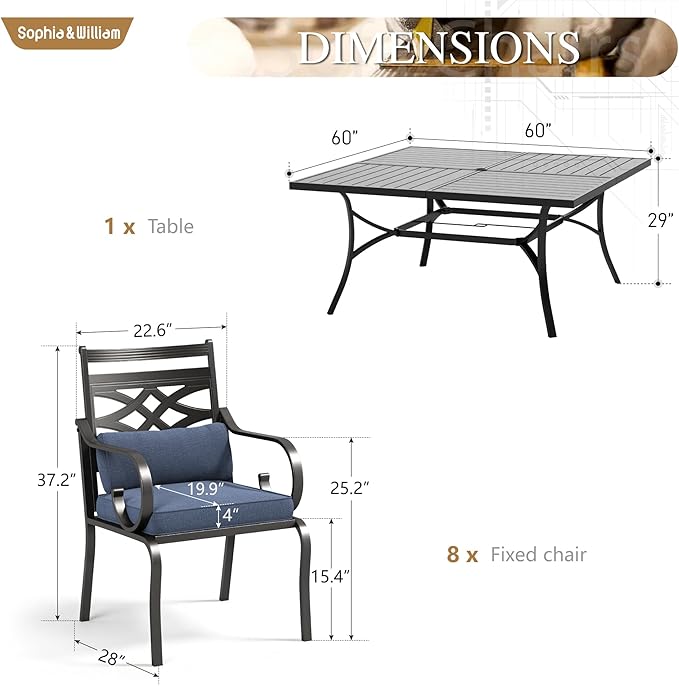 Sophia and William Outdoor Patio Dining Set for 8, Outdoor Table and Chairs, Removable Seat Cushions, Black 37" Patio Dining Table,Blue