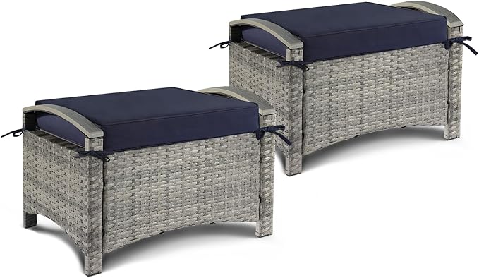 VINGLI Wicker Outdoor Ottoman Set of 2, All Weather PE Rattan Footstool for Patio w/Removable Cushions, Waterproof Rattan Foot Rest for Garden, Balcony, Poolside (Grey)