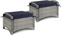 VINGLI Wicker Outdoor Ottoman Set of 2, All Weather PE Rattan Footstool for Patio w/Removable Cushions, Waterproof Rattan Foot Rest for Garden, Balcony, Poolside (Grey)
