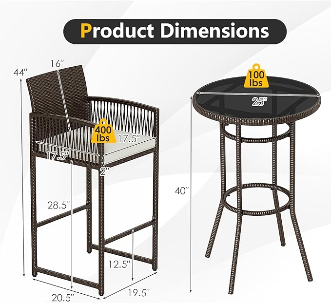 Tangkula 3 Piece Patio Bar Set, Outdoor Heavy Duty Wicker Bar Height Table & 2 Cushioned Barstools, for Backyard, Poolside, Porch, Bistro