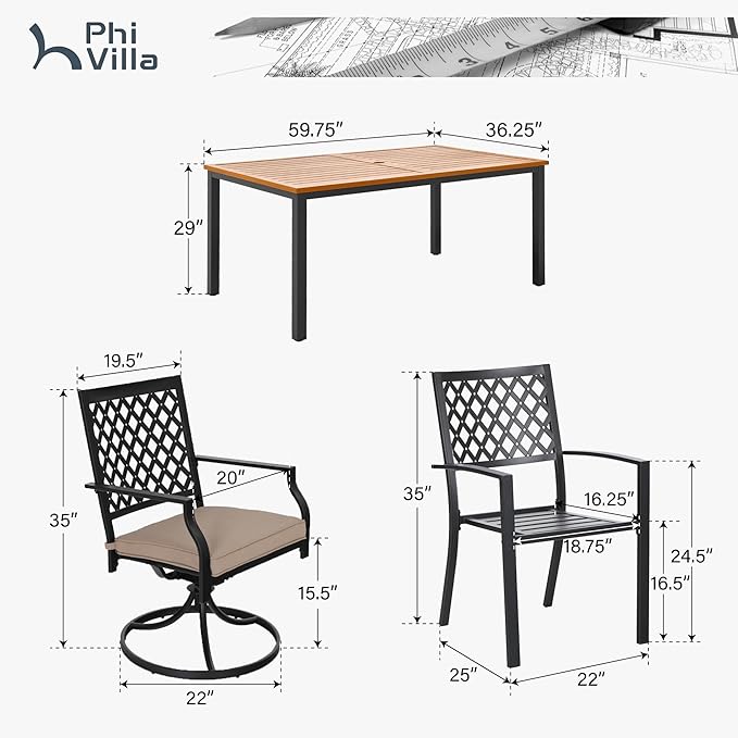 PHI VILLA 7 Pieces Outdoor Dining Set for 6, 65” Wood-Like Steel Table with Umbrella Hole & Fixed/Swivel Chairs Combo with Cushions, Modern Wrought Iron Furniture for Patio, Deck, Yard, Porch