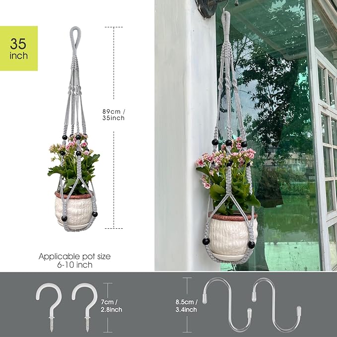 RIFNY Macrame Plant Hanger for 5 to 10 Inch Plant Pots, 35 Inch Indoor Handmade Woven Rope Hanger Kits with Hooks and Wood Beads, Hanging Planter Basket Holder for Boho Home Decor (Grey, 3 Pack)