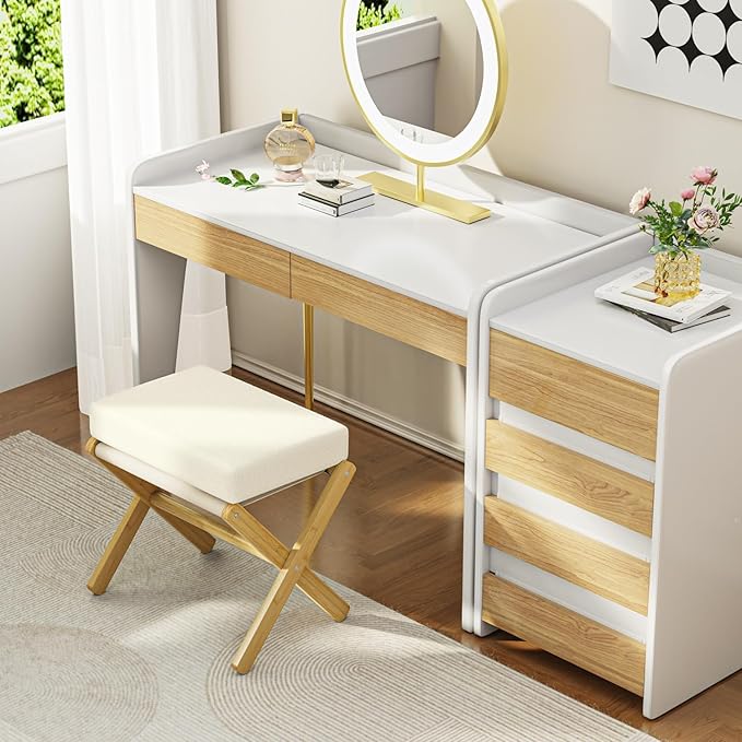 Foldable Foot Stool Ottoman, Modern Foot Rest with Bamboo X Legs & Thick Foam Cushion, Folding Foot Stools Small Padded for Bedroom Living Room, Footstool for Chair Couch (Natural - Beige)