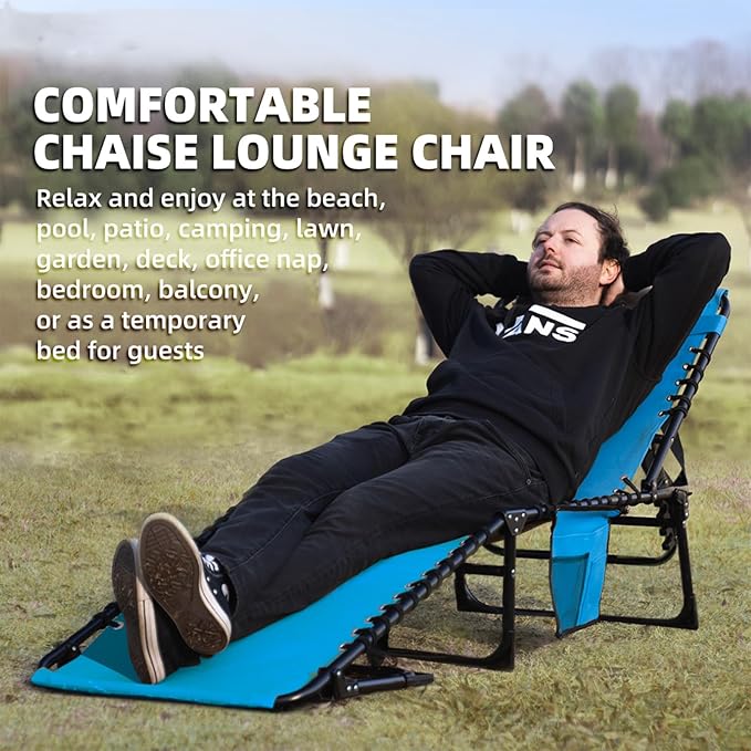 Folding Chaise Lounge Chair Bed - Heavy-Duty 400lb Capacity Portable Adjustable Recliner w/Pillow for Patio, Pool, Camping, Sunbathing - Lay Flat Design (Blue)