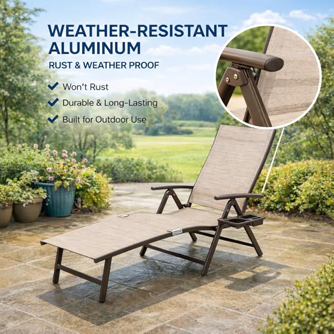 Kozyard Aluminum Outdoor Chaise Lounge Chair, Adjustable Reclining Patio Lounge with Drink Holder, Weather-Resistant Pool, Deck & Yard Recliner, Assemble-Free (1Pack, Beige)