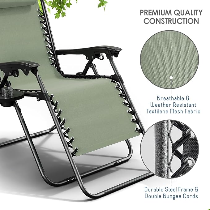 Nestl Zero Gravity Chairs Set of 4, Patio Lounge Chair Outdoor with Pillows & Cup Holder Trays, Adjustable Steel Mesh Reclining Camping Chair, Folding Patio Lawn Chair for Deck, Beach - Sage Green