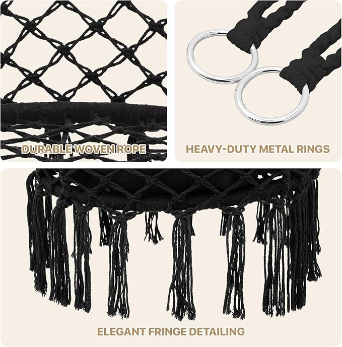 Monibloom Hanging Hammock Chair W/Large Padded Cushion, Macrame Swing Chair for Porch, Max 350 Lbs Capacity Hanging Swing for Adults & Teens, Comfy Hammock for Bedroom Relaxing Reading Napping, Black