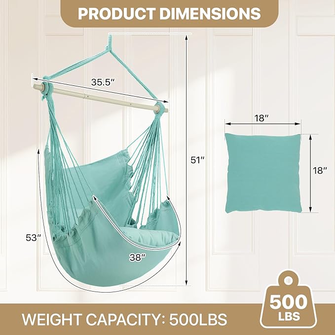 MoNiBloom Hammock Chair Hanging Rope Swing w/2 Cushions, Boho Macrame Hanging Chair Max 350 lbs Capacity w Pocket, Hardware Kit Included, Green