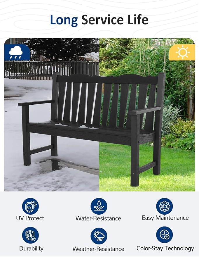 Outdoor Bench Set of 2, Weatherproof Garden Benches for Outdoors, All Weather HIPS Patio Bench Holds up to 800lbs, Never Rot or Fade, Comfort Bench for Porch Garden Patio Yard and Park(Black)