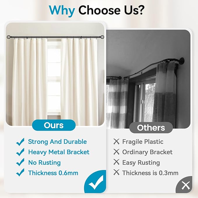 Curtain Rods for Windows 28 to 60 Inch - 5/8” Black Metal Heavy Duty - Decorative Window Small Curtains Rod with Brackets for Kitchen, Bathroom, Sliding Cafe Drapery Rods Door