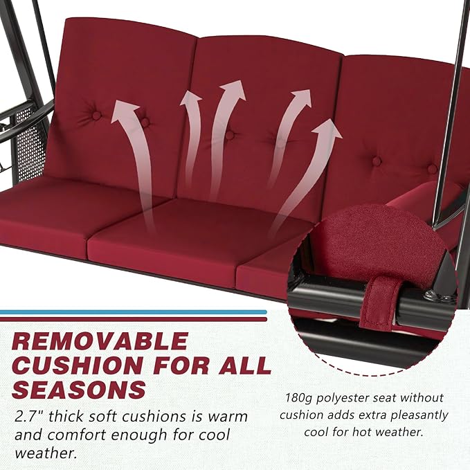 AECOJOY Outdoor Porch Swing with Cover, 3-Seat Patio Swings with Adjustable Canopy, Outside Swing for Adult with Burgundy Removable Cushions for Backyard, Garden, Yard, Poolside, Balcony