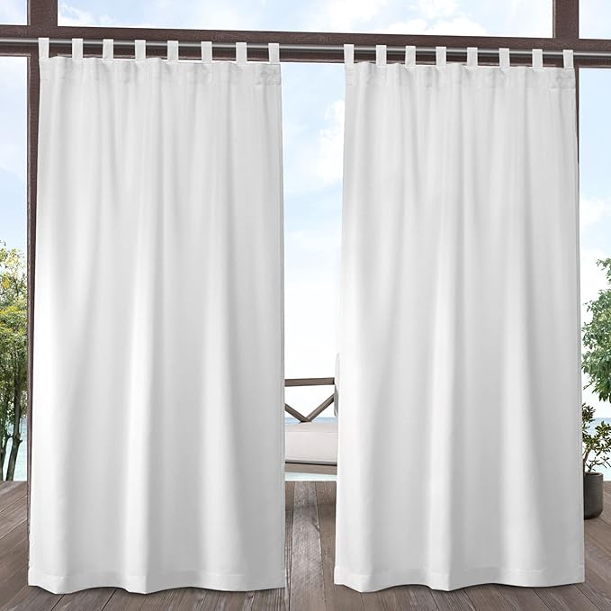 EXCLUSIVE HOME Cabana Solid Indoor/Outdoor Light Filtering Hook-and-Loop Tab Top Curtain Panel Pair, 54"x84", Winter White