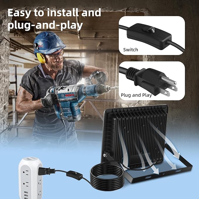 50W Flood Lights Outdoor,8000LM Bright LED Work Light,IP66 Waterproof Outside Lights for Yard with Switch and 6.5FT Plug,6500K Daylight White Outdoor Yard Light for Garage,Garden,Stadium(4Pack)