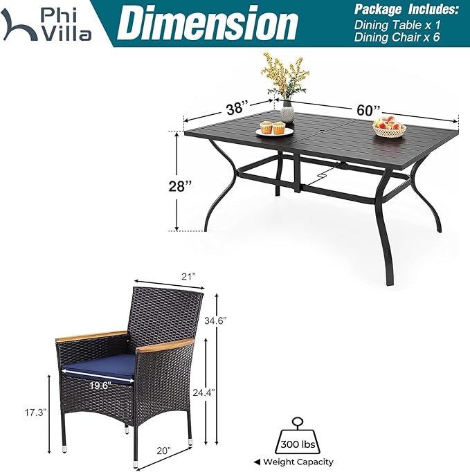 PHI VILLA 7-Piece Outdoor Patio Dining Set for 6, Metal Steel Frame Table with Umbrella Hole & All Weather PE Rattan Cushioned Chairs Set, for Deck, Yard, Porch