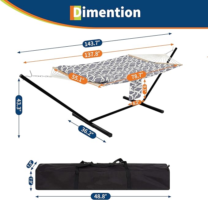 2 Person Outdoor Hammock with Stand, Portable Hammock, Heavy Duty Hammock with Soft Pillow, Balance Ropes, for Patio, Backyard, Garden, Beach, Stripe