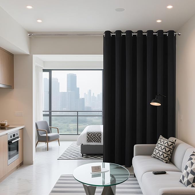 Joydeco Blackout Patio Sliding Door Curtains 96 Inches Long, Grommet Privacy Room Divider Curtains, Extra Wide Thermal Blackout Drapes for Bedroom Living Room (Black, 70Wx96L, 1 Panel)