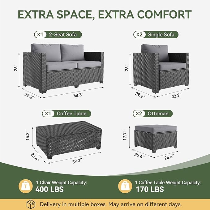 Aoxun 7 Piece Outdoor Patio Furniture Set 6 Seats, Outdoor Sectional with Thick Waterproof Cushions & Storage Coffee Table, Patio Conversation Sets for Garden,Backyard, Porch, Balcony, Deck, Gray