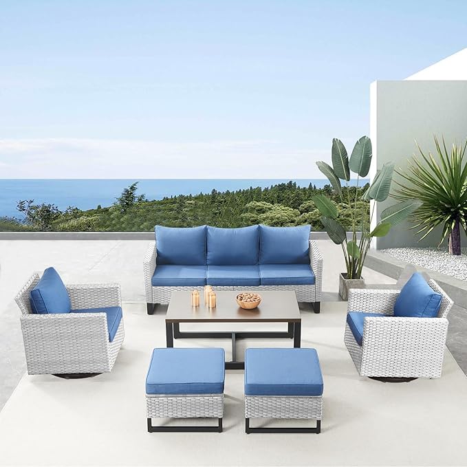 Belord 6 Piece Outdoor Furniture Patio Wicker Sofa Set, Oversize Outdoor Swivel Rocker Chairs with Rattan Ottomans, Conversation Sets Patio Furniture Come with Removable Washable