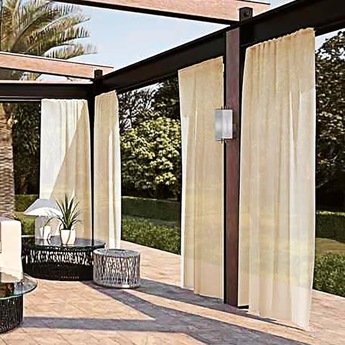 SpaceDresser Waterproof Outdoor Sheer Curtains for Patio - 2 Panels Rod Pocket Indoor Voile Sheer Curtain for Living Room,100W x 96L inch, Beige