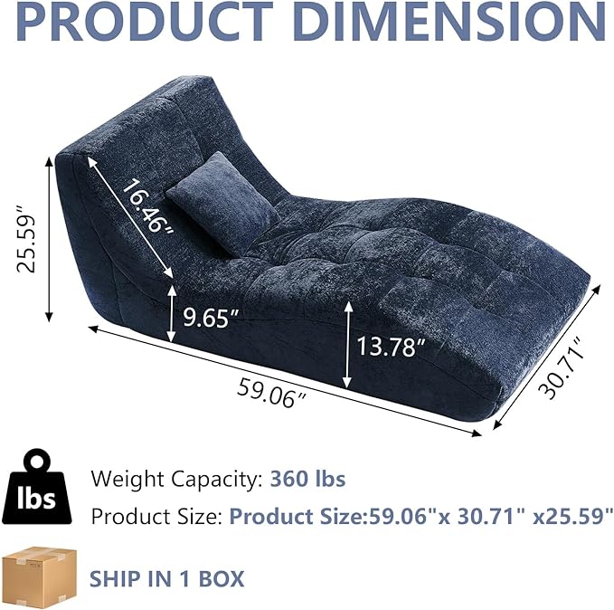 Chaise Lounge Chair with Curved Back, Modern Upholstered Recliner Sofa, Tufted Accent Lounger Comfortable Lazy Chair for Bedroom, Apartment (Blue)