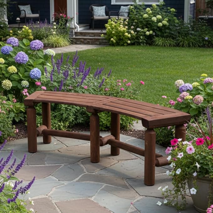 FORTUNO Outdoor Wooden Curved Backless Porch Bench Rustic Style Cedar/Fir Wood Log Fire Pit Bench for Patio Garden Deck and Backyard, 40"-54.7" W×13" D×16.5" H, Mocha
