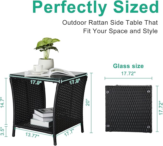 VINGLI Outdoor Wicker Side Table Patio Side Tables for Outside, Tempered Glass Top Wicker Table with Storage End Table for Balcony Porch Deck (Black)