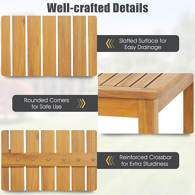 Tangkula 7 Piece Outdoor Acacia Wood Bar Table Set, 45" Rectangular High Top Table with 6 Saddle Seat Bar Height Stools, Space-Saving Patio Dining Set for 6, for Deck, Garden and Porch