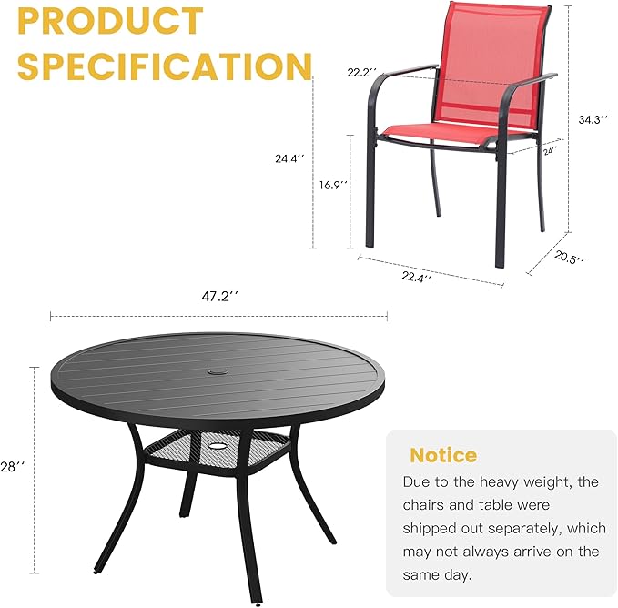 VICLLAX Patio Dining Set for 6, All Weather Metal Outdoor Furniture Set- 47" Round Patio Table and Chairs, Black Tabletop and Red Fabric