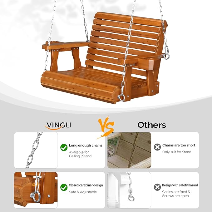 VINGLI Heavy Duty 440 LBS 1-Person Wooden Patio Porch Swing with Deeper Seat & Higher Backrest & Extra Cup Holder for Adults & Kids, Outdoor Single Porch Swing for Porch, Yard, Balcony, Tree (Brown)