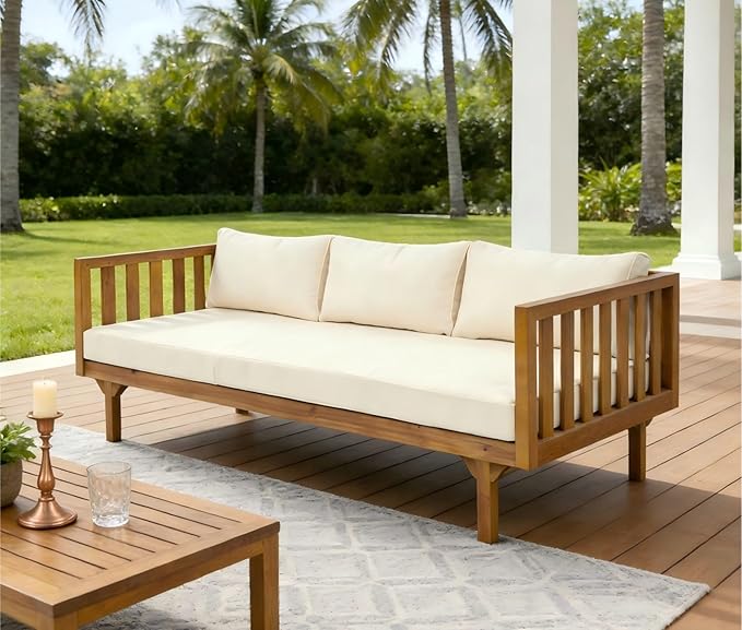 Merax Solid Acacia Wood Couch Chaise Lounge Chair Indoor, 3 Seater Daybed Sofa Couches with Cushions & Pillow, Heavy Frame Day Bed for Living Room, Office, Outdoor, Balcony, Patio, Water Resistant