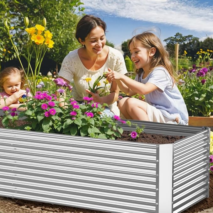 2 Pack Tall 8x3FT Corrugated Galvanized Steel Raised Garden Bed Outdoor, Metal Above Ground Garden Bed for Vegetables and Flowers, Rectangle Raised Beds for Gardening
