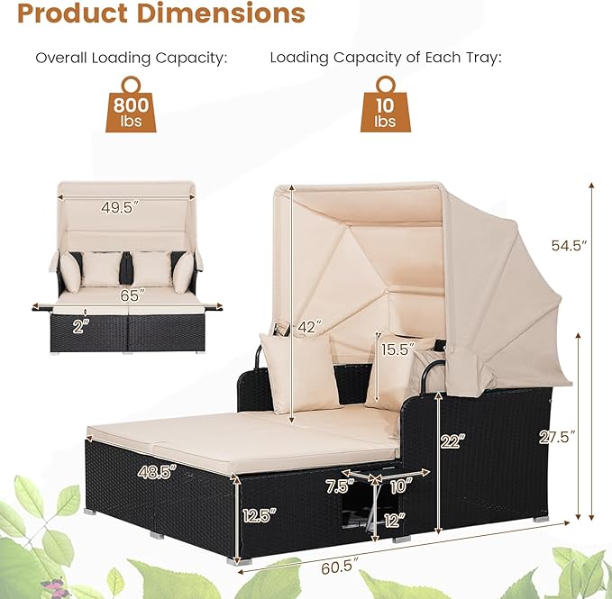 RELAX4LIFE Patio Outdoor Daybed with Canopy, Wicker Sunbed w/Cushions, 4 Pillows & 2 Retractable Side Trays, 2-Person Lounge Bed Conversation for Poolside Porch Garden, Rattan Outdoor Bed (Beige)