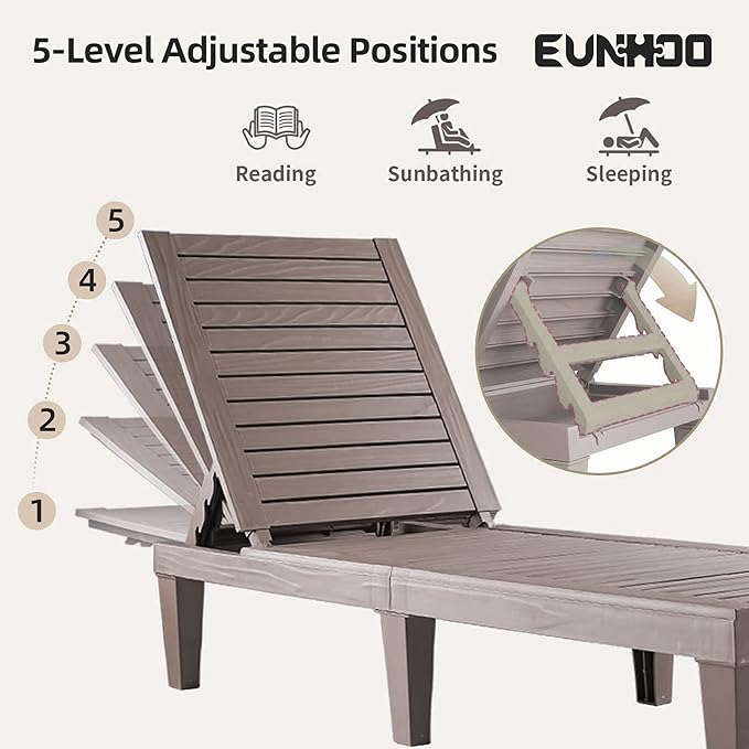 Outdoor Lounge Chaise, Adjustable Pool Lounge Chairs with 5 Positions Backrest, Waterproof Sun Loungers for Garden Pool Beach Patio Deck Sunbathing Set of 4