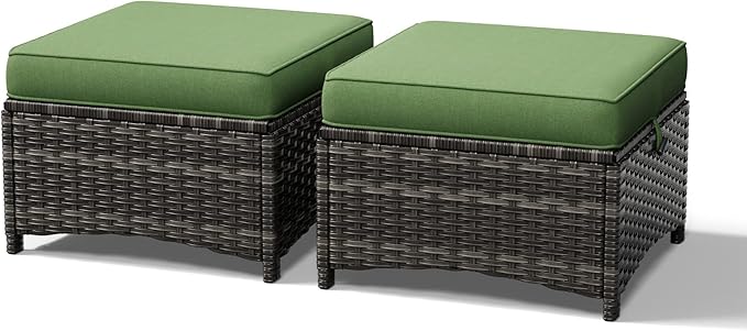 Joyside Outdoor Ottoman Set of 2, Patio Large Ottoman Foot Rest with Thickened Cushions, Outdoor Wicker Foot Stool for Porch, Deck Use