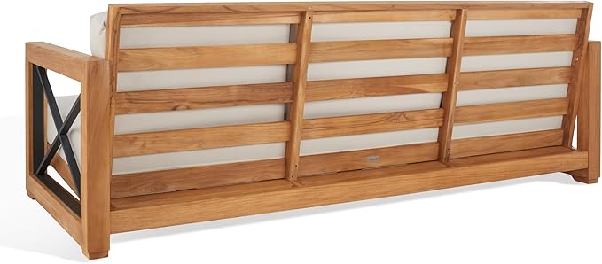 SAFAVIEH Couture Outdoor Patio Furniture Collection – Curacao 3-Seat Patio Sofa, Brazilian Teak Wood Frame with Removable White Cushions, Modern Outdoor Seating (CPT1010A)