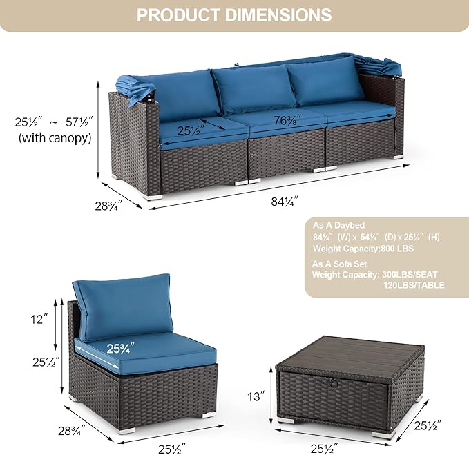 Vicluke 6 Pieces Patio Furniture Sets Outdoor Sectional Sofa Set Rattan Daybed with Retractable Canopy, Adjustable Backrest, Storable Tea Table Rectangle Sunbed for Backyard Garden Poolside(Blue)