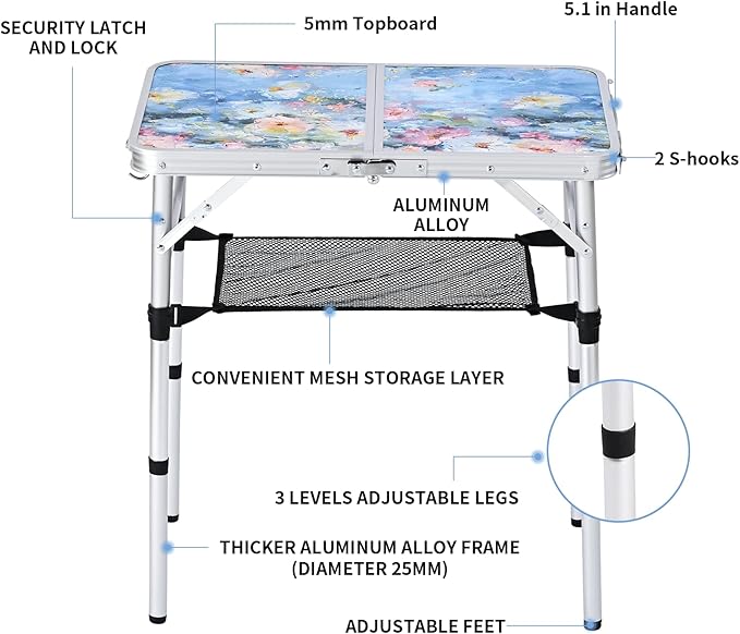Outdoor Side Table, Portable 3 Adjustable Height Small Outdoor Folding Table, Aluminum Foldable Patio Side Tables for Outside Indoor, Plant Stand Coffee End Table for Garden, Balcony(Provence Dreams)