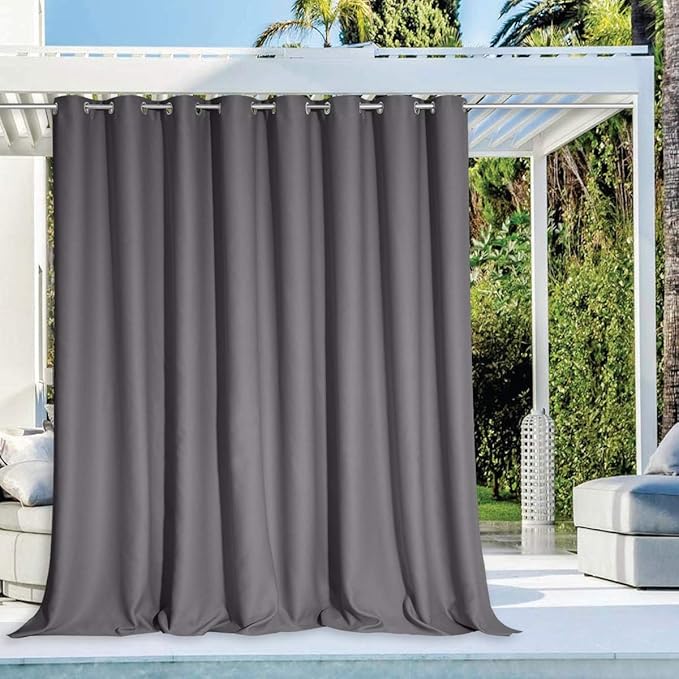 NICETOWN Patio Outdoor Curtain 120" Extra Wide Waterproof for Porch, Grommet Vertical Blinds Blackout Divider Drape for Outside Balcony/Lounge, Grey, 1 Panel, 108" Long