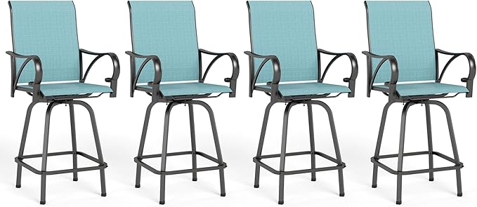 MFSTUDIO Outdoor Bar Stools Set of 4, Swivel Bar Height Patio Chairs Outdoor Barstools High Top Patio Swivel Bar Chairs with Armrest, Breathable Textilene, Turquoise Blue