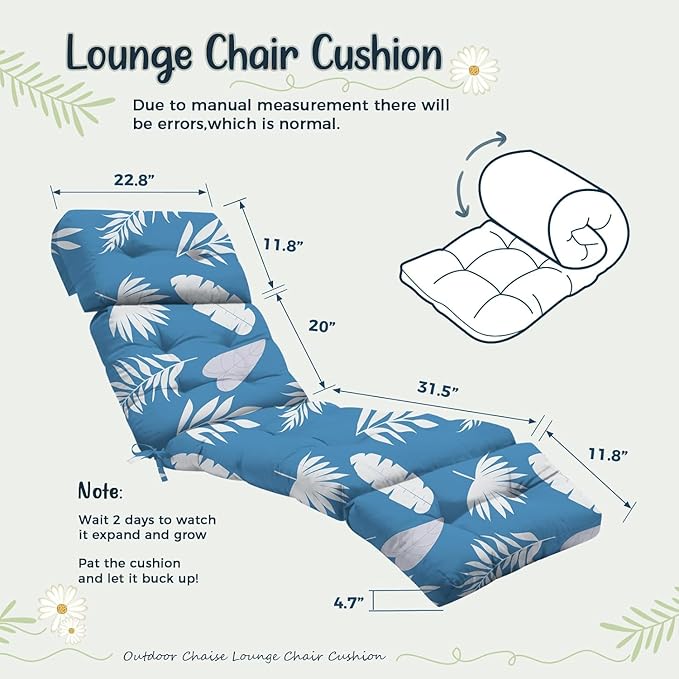Outdoor Chaise Lounge Chair Cushion 75.1 x 22.8 x 4.7 Inches 100% Waterproof Replacement Cotton Patio Pool Lounge Chair Cushion for Outdoor Furniture with Ties, Blue Leaf