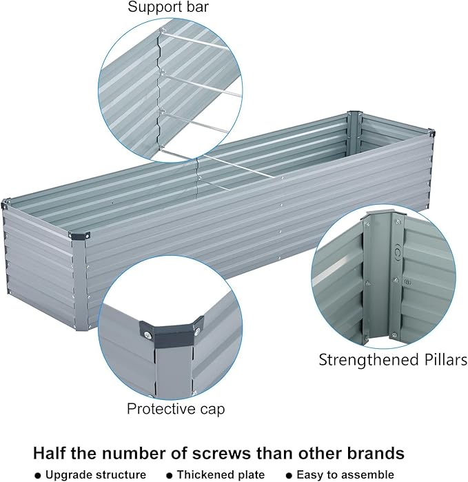 2 Pack 12x2x1FT Galvanized Raised Garden Bed Kit, Outdoor Metal Planter Box for Vegetables, Bottomless Rectangular Gardening Bed with Support Rods, Tool-Free Assembly, Gray